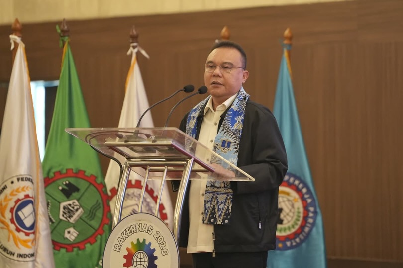 Wakil Ketua DPR RI Sufmi Dasco Ahmad saat membuka Rakernas KSPI 2026 di Jakarta.